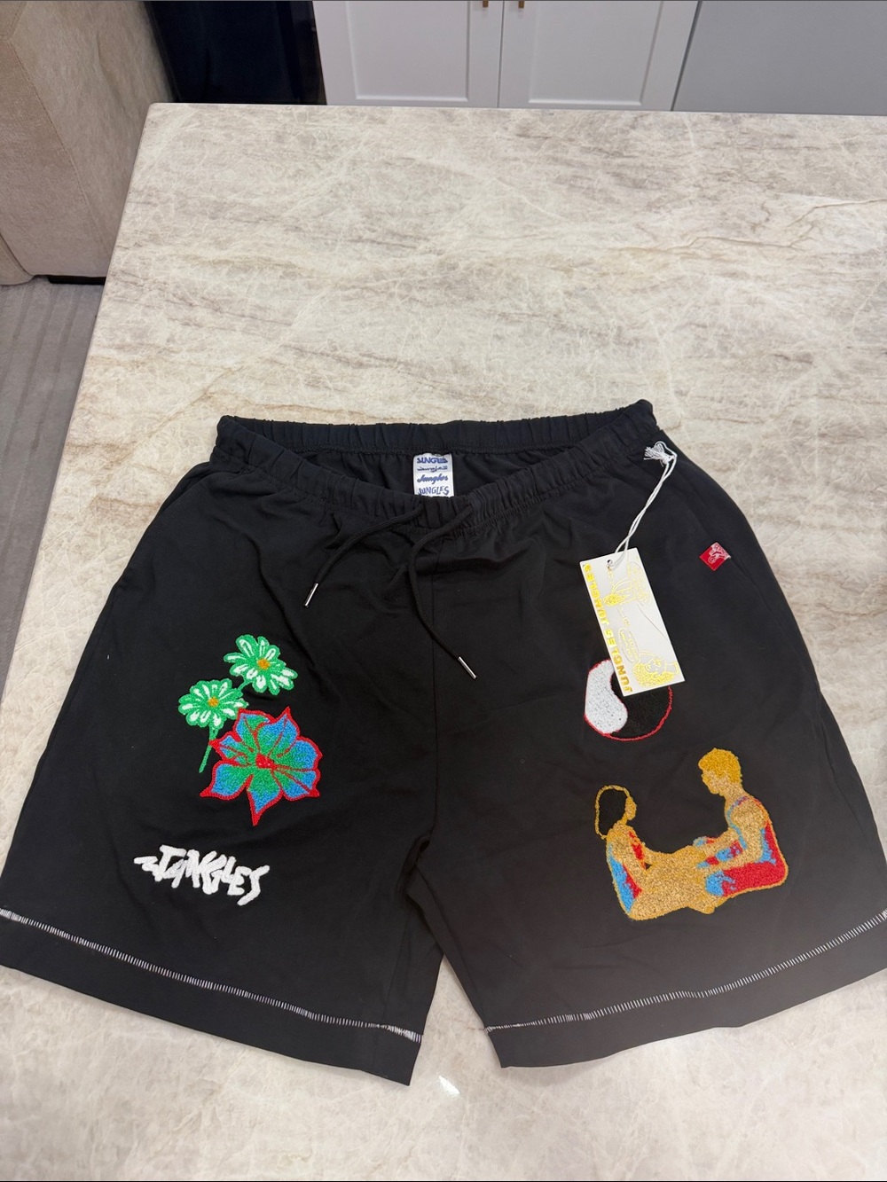 Jungles Black Athletic Men’s Shorts with Colorful Embroidered Graphics
